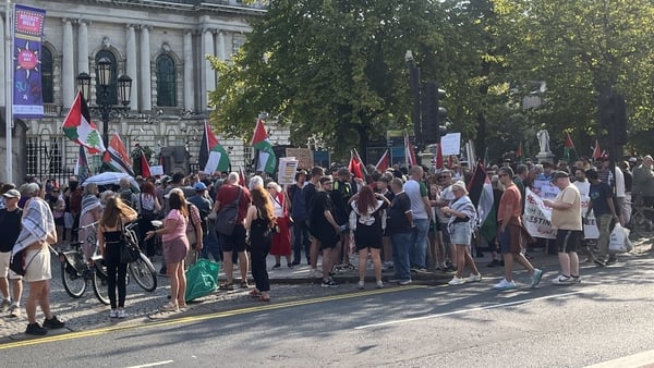 A crowd protests holding pro-palestinian banners