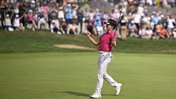 PORTLAND, OREGON - AUGUST 17: Akie Iwai of Japan celebrates on the on the 18th green after winning The Standard Portland Classic 2025 at Columbia Edgewater Country Club on August 17, 2025 in Portland, Oregon. (Photo by Orlando Ramirez/Getty Images)