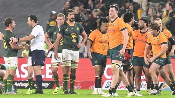 JOHANNESBURG, SOUTH AFRICA - AUGUST 16: Players at the end of the match as Australia wins the match during the Castle Lager Rugby Championship match between South Africa and Australia at Emirates Airline Park on August 16, 2025 in Johannesburg, South Africa. (Photo by Sydney Seshibedi/Gallo Images/G
