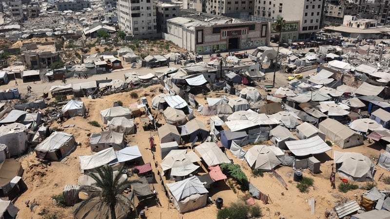 A view of tents housing displaced Palestinians in Gaza City today