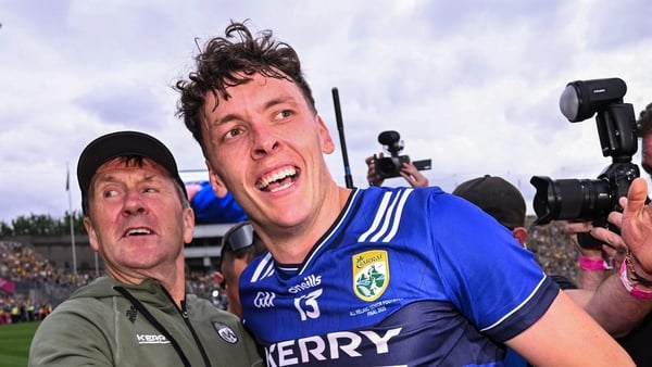 27 July 2025; Kerry manager Jack O'Connor celebrates with David Clifford of Kerry after the GAA Football All-Ireland Senior Championship final match between Kerry and Donegal at Croke Park in Dublin. Photo by Ramsey Cardy/Sportsfile