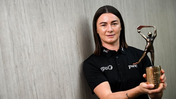 18 August 2025; PwC GPA Player of the Month for July/August in camogie, Aoife Donohue of Galway, with her award at PwC's offices in Dublin. Photo by Ramsey Cardy/Sportsfile