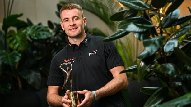 18 August 2025; PwC GAA/GPA Player of the Month for July in hurling, John McGrath of Tipperary, with his award at PwC offices in Dublin. Photo by Ramsey Cardy/Sportsfile 