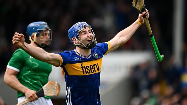 20 April 2025; John McGrath of Tipperary celebrates after scoring his side's second goal during the Munster GAA Hurling Senior Championship Round 1 match between Tipperary and Limerick at FBD Semple Stadium in Thurles, Tipperary. Photo by Seb Daly/Sportsfile