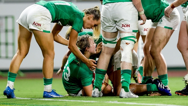 20 August 2022; Aoife Dalton of Ireland is congratulated by teammates after scoring their side's third try during the Women's Rugby Summer Tour match between Japan and Ireland at Ecopa Stadium in Shizouka, Japan. Photo by Sportsfile