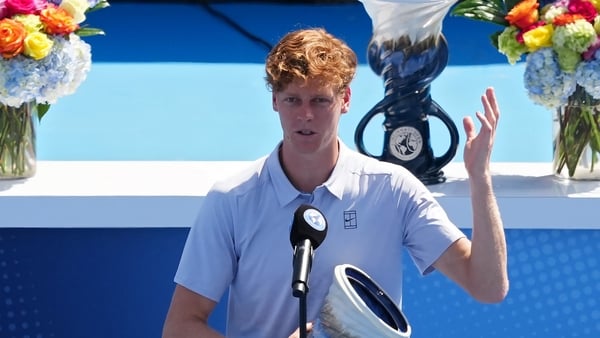 MASON, OHIO - AUGUST 18: Jannik Sinner of Italy speaks to the crowd after retiring during the men's singles final against Carlos Alcaraz of Spain during Day 12 of the Cincinnati Open at the Lindner Family Tennis Center on August 18, 2025 in Mason, Ohio. (