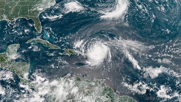 A satelitte images shows the path of Hurricane Erin as it crosses the Atlantic Ocean