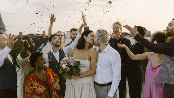 Friends celebrating newlywed couple