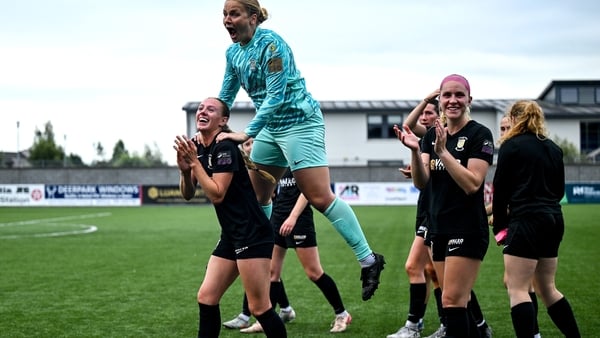 2 August 2025; Athlone Town goalkeeper Megan Plaschko celebrates with Kelly Brady after the UEFA Women's Champions League First Qualifying Round final match between Agram and Athlone Town at Athlone Town Stadium in Westmeath. Photo by David Fitzgerald/Spo