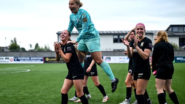 2 August 2025; Athlone Town goalkeeper Megan Plaschko celebrates with Kelly Brady after the UEFA Women's Champions League First Qualifying Round final match between Agram and Athlone Town at Athlone Town Stadium in Westmeath. Photo by David Fitzgerald/Sportsfile