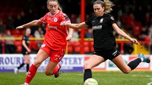 Maddie Gibson of Athlone Town (R) in action against Aoibheann Clancy of Shelbourne during the 2025 Women's President's Cup