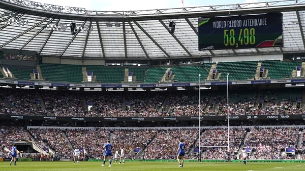 view of the world record attendance number of 58,498 shown on a big screen during the TikTok Women's Six Nations at Twickenham Stadium in 2023