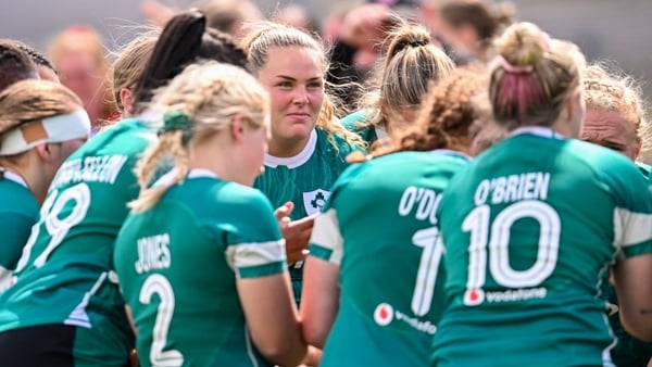 9 August 2025; Beibhinn Parsons of Ireland and her teammates huddle after the Women's Rugby World Cup warm-up match between Ireland and Canada at Affidea Stadium in Belfast. Photo by Ramsey Cardy/Sportsfile