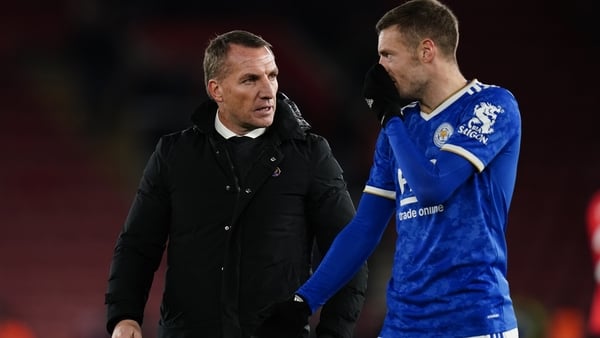 Leicester City manager Brendan Rodgers speaks with Jamie Vardy in 2021