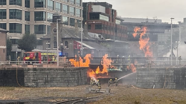 Dublin Fire Brigade tackle a blaze at George's Dock near the IFSC