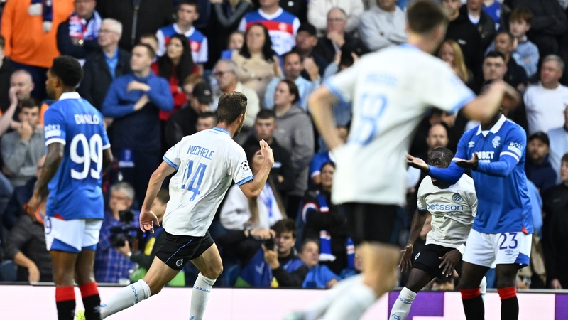 Club Brugge defender Mechele Brandon celebrates putting his side 3-0 up on the night at Ibrox