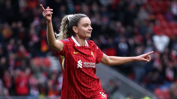 Leanne Kiernan of Liverpool celebrates scoring her team's first goal during the Barclays Women's Super League match between Liverpool FC and West Ham United FC at The St Helens Stadium on February 02, 2025 in St Helens, England