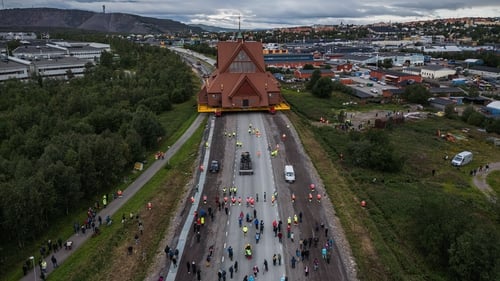The Kiruna Church is transferred to its new location in Kiruna, Sweden