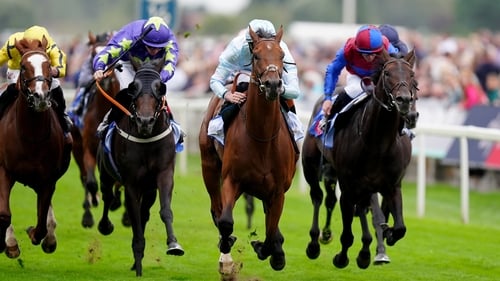 Pride Of Arras (light blue silks) bounced back to form on his return to York after a gelding operation