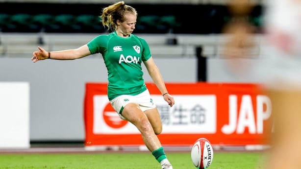 20 August 2022; Dannah O'Brien of Ireland kicks a conversion during the Women's Rugby Summer Tour match between Japan and Ireland at Ecopa Stadium in Shizouka, Japan. Photo by Sportsfile