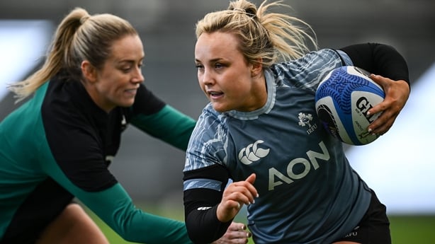 27 March 2025; Aoife Dalton, right, and Stacey Flood during an Ireland Women's Rugby squad training session at the IRFU High Performance Centre in Dublin. Photo by Seb Daly/Sportsfile