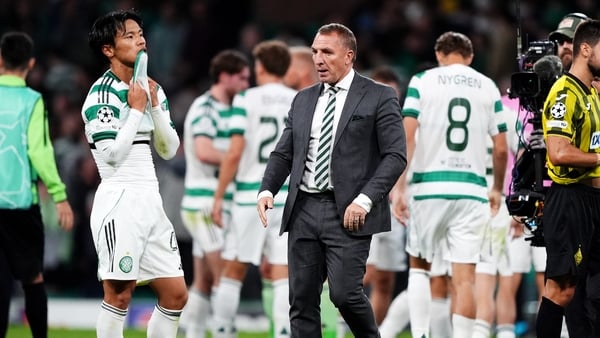 Celtic manager Brendan Rodgers with Reo Hatate after draw with Kairat Almaty in first leg of Champions League play-off, August 2025