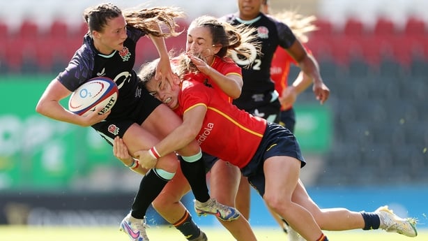 LEICESTER, ENGLAND - AUGUST 02: Lucy Packer of England is tackled by Claudia Pena during the Women's Rugby World Cup warm up match England Red Roses and Spain at Mattioli Woods Welford Road Stadium on August 02, 2025 in Leicester, England. (Photo by Harry Murphy - RFU/The RFU Collection via Getty Im