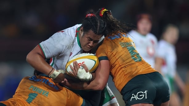 SYDNEY, AUSTRALIA - AUGUST 01: Sisilia Tuipulotu of Wales is tackled during the International Test match between Australia Wallaroos and Wales at North Sydney Oval on August 01, 2025 in Sydney, Australia. (Photo by Mark Metcalfe/Getty Images)