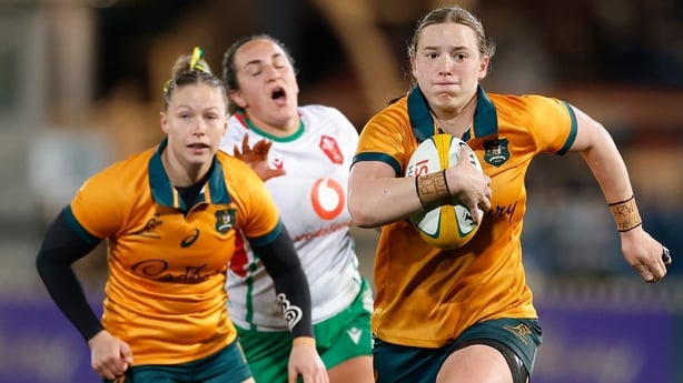 SYDNEY, AUSTRALIA - AUGUST 01: Caitlyn Halse of the Wallaroos runs with the ball during the International Test match between Australia Wallaroos and Wales at North Sydney Oval on August 01, 2025 in Sydney, Australia. (Photo by Darrian Traynor/Getty Images)