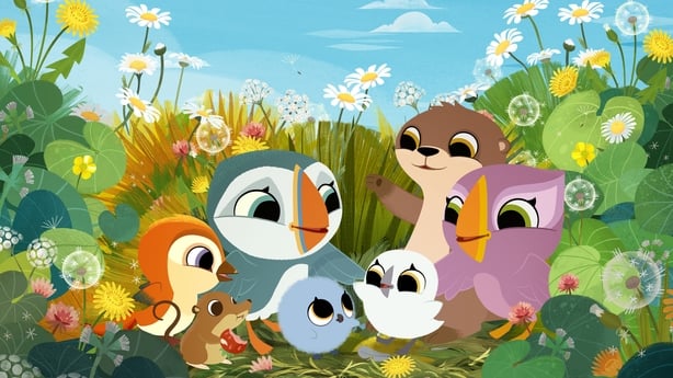 Cute animated animals sitting in a lovely meadow.