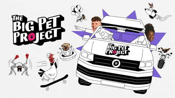 A animated design of two people in a van with animals popping up around them.