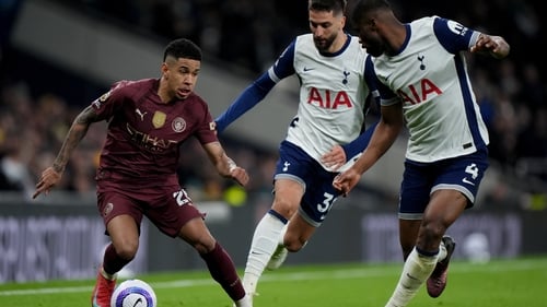 Manchester City's Savinho (L) battles for the ball with Tottenham Hotspur's Rodrigo Bentancur (C) and Kevin Danso (R) during a Premier League match earlier this year