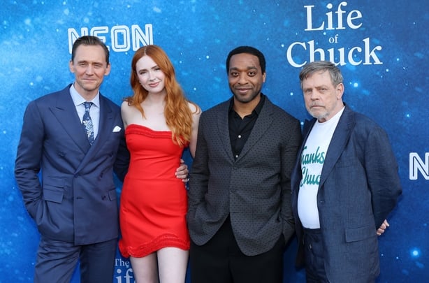 LOS ANGELES, CALIFORNIA - JUNE 02: (L-R) Tom Hiddleston, Karen Gillan, Chiwetel Ejiofor and Mark Hamill attend the Los Angeles Premiere of Neon's "The Life Of Chuck" at Hollywood Legion Theater on June 02, 2025 in Los Angeles, California. (Photo by Amy Sussman/Getty Images)