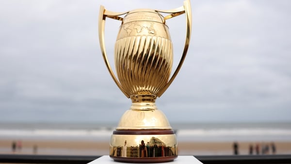 SUNDERLAND, ENGLAND - AUGUST 20: A general view of the Women's Rugby World Cup trophy during an England Red Roses Community Event at Seaburn Beach on August 20, 2025 in Sunderland, England. England play the USA in the opening match of Rugby World Cup Engl