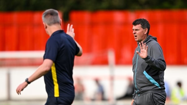 13 June 2025; Drogheda United manager Kevin Doherty, right, speaks with St Patrick's Athletic manager Stephen Kenny before the SSE Airtricity Men's Premier Division match between St Patrick's Athletic and Drogheda United at Richmond Park in Dublin. Photo