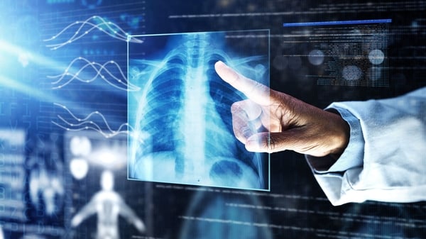 Doctor, healthcare or finger on xray hologram