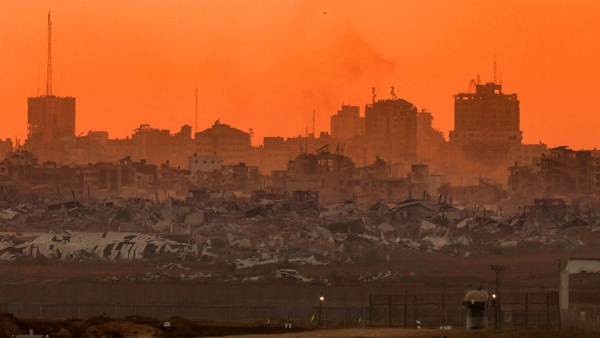 Picture taken from a position on Israel's border with the Gaza Strip, shows destroyed buildings in the besieged Palestinian territory
