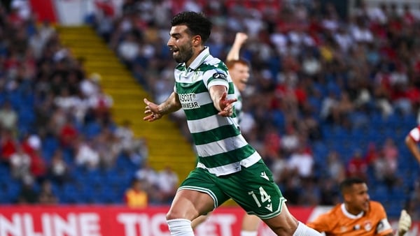 21 August 2025; Danny Mandroiu of Shamrock Rovers celebrates after scoring his side's second goal during the UEFA Conference League Play-off Round first leg match between CD Santa Clara and Shamrock Rovers FC at the Estadio de São Miguel in Ponta Delgada,