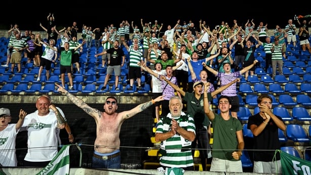 21 August 2025; Shamrock Rovers supporters celebrate after the UEFA Conference League Play-off Round first leg match between CD Santa Clara and Shamrock Rovers FC at the Estadio de São Miguel in Ponta Delgada, Portugal. Photo by Ben McShane/Sportsfile