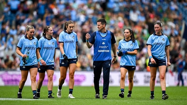 Dublin joint-manager Derek Murray with players, from left, Martha Byrne, Orlagh Nolan, Éilish O'Dowd, Niamh Crowley, and Hannah McGinnis