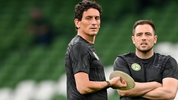 10 September 2023; Republic of Ireland coach Keith Andrews, left, coach Stephen Rice, centre, and goalkeeping coach Dean Kiely before the UEFA EURO 2024 Championship qualifying group B match between Republic of Ireland and Netherlands at the Aviva Stadium