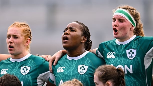 9 August 2025; Ireland players, from left, Niamh O'Dowd, Linda Djougang and Ruth Campbell before the Women's Rugby World Cup warm-up match between Ireland and Canada at Affidea Stadium in Belfast. Photo by Ramsey Cardy/Sportsfile