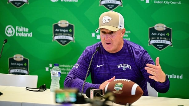 21 August 2025; Kansas State Wildcats head coach Chris Klieman during a media conference at the Aviva Stadium in Dublin ahead of the 2025 Aer Lingus College Football Classic match between Kansas State University and Iowa State University this weekend. Photo by Brendan Moran/Sportsfile