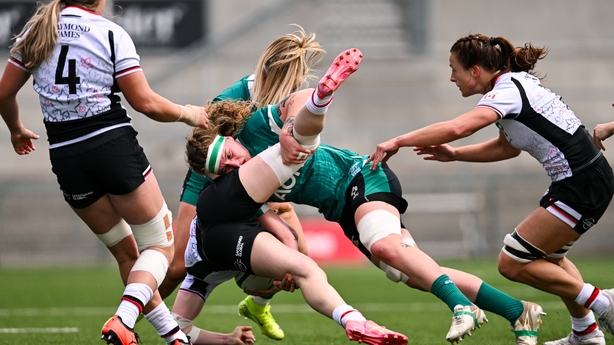 9 August 2025; Paige Farries of Canada is tackled by Ruth Campbell of Ireland during the Women's Rugby World Cup warm-up match between Ireland and Canada at Affidea Stadium in Belfast. Photo by Ramsey Cardy/Sportsfile