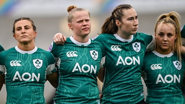 22 March 2025; Ireland players, from left, Emily Lane, Dannah O'Brien, Eve Higgins and Aoife Dalton before the Women's Six Nations Rugby Championship match between Ireland and France at Kingspan Stadium in Belfast. Photo by Ramsey Cardy/Sportsfile