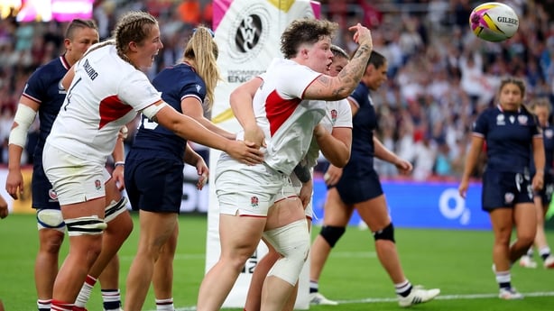 SUNDERLAND, ENGLAND - AUGUST 22: Hannah Botterman of England celebrates scoring her team's first try during the Women's Rugby World Cup 2025 Pool A match between England and USA at the Stadium of Light on August 22, 2025 in Sunderland, England. (Photo by Molly Darlington - World Rugby/World Rugby vi