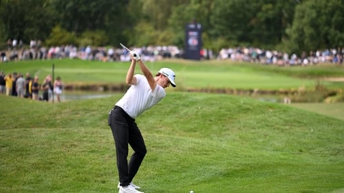Rasmus Hojgaard plays into the third hole during his second round at the Belfry