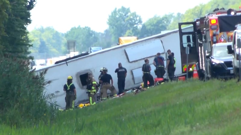 The tour bus veered out of control and rolled over, killing five and injuring dozens others