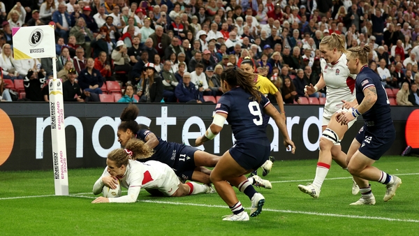SUNDERLAND, ENGLAND - AUGUST 22: Abby Dow of England scores her team's fifth try during the Women's Rugby World Cup 2025 Pool A match between England and USA at the Stadium of Light on August 22, 2025 in Sunderland, England. (Photo by George Wood - World