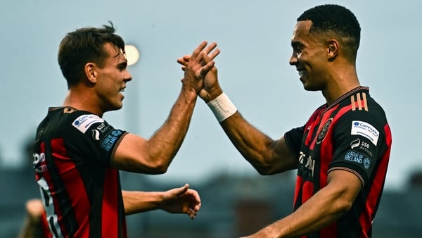 22 August 2025; Douglas James Taylor of Bohemians, right, celebrates with teammate Dayle Rooney after scoring their side's first goal during the SSE Airtricity Men's Premier Division match between Bohemians and Cork City at Dalymount Park in Dublin. Photo